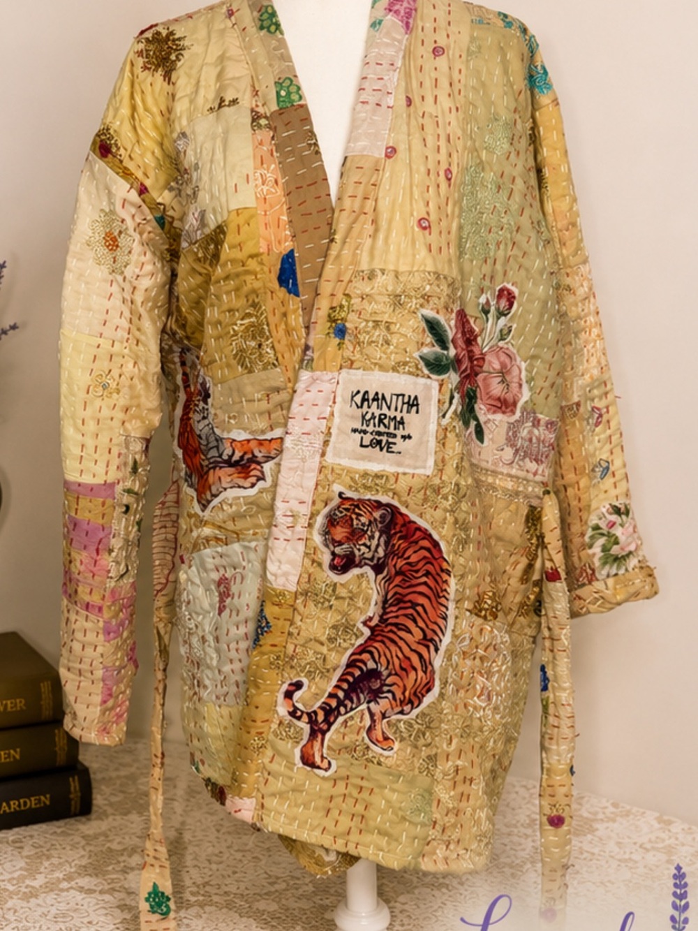 Kantha Karma Yellow Patchwork Quilted Robe with Tiger Appliqué